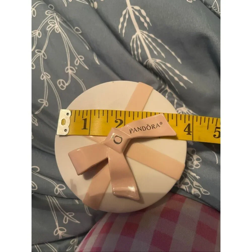 Pandora Cream and Pink Bow Porcelain Round Keepsake Jewelry Trinket Box